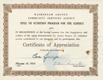 Certificate, 1977 March 18, Title VII Nutrition Program For the Elderly by Washtenew County Community Services Agency