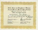Certificate, 1984 January 29, Native Sons and Daughters of Kansas Annual Pioneer Factual Story Contest by Native Sons and Daughters of Kansas